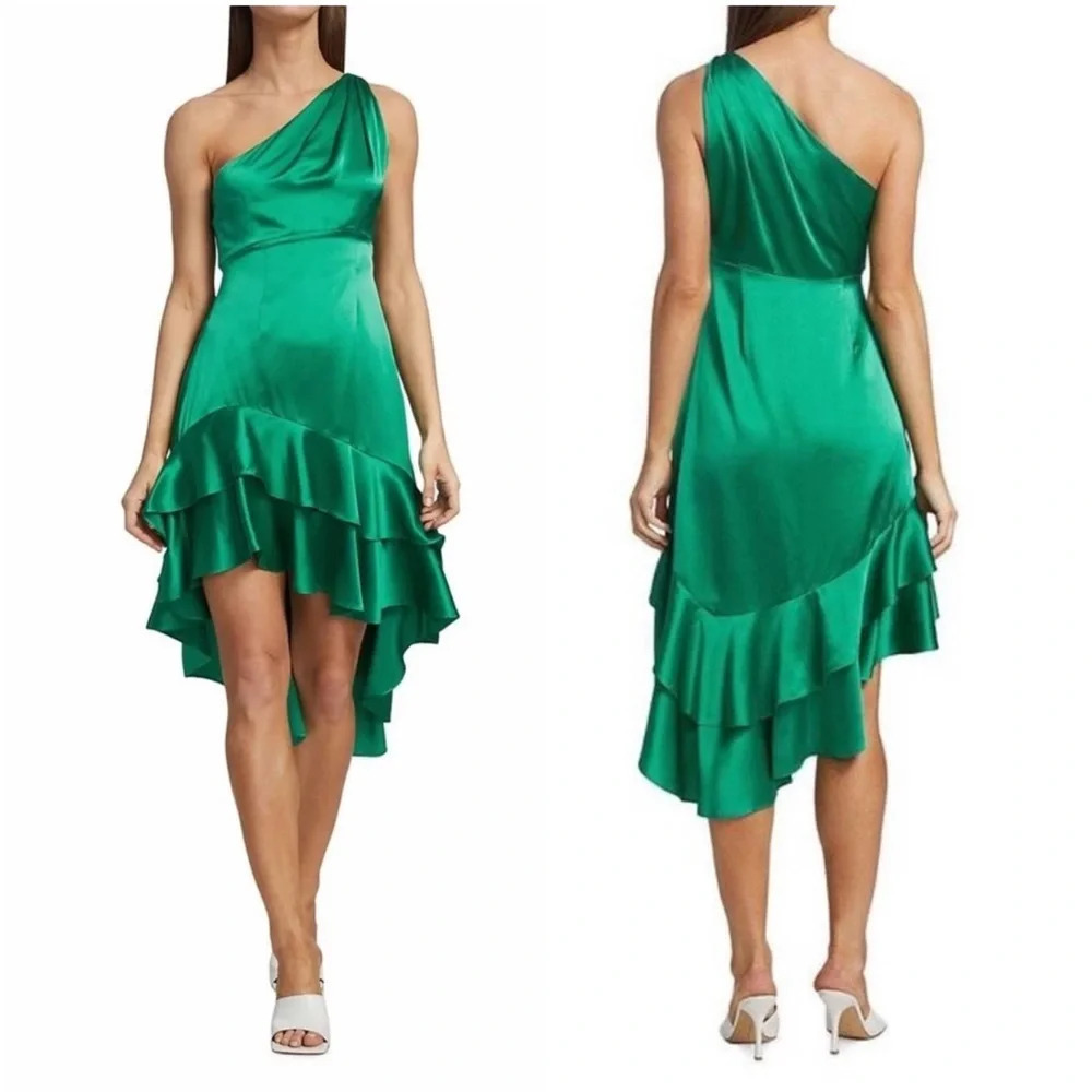 NWOT Cinq a Sept Colina One-Shoulder Dress In Jade Green Ruffle Silk Tiered